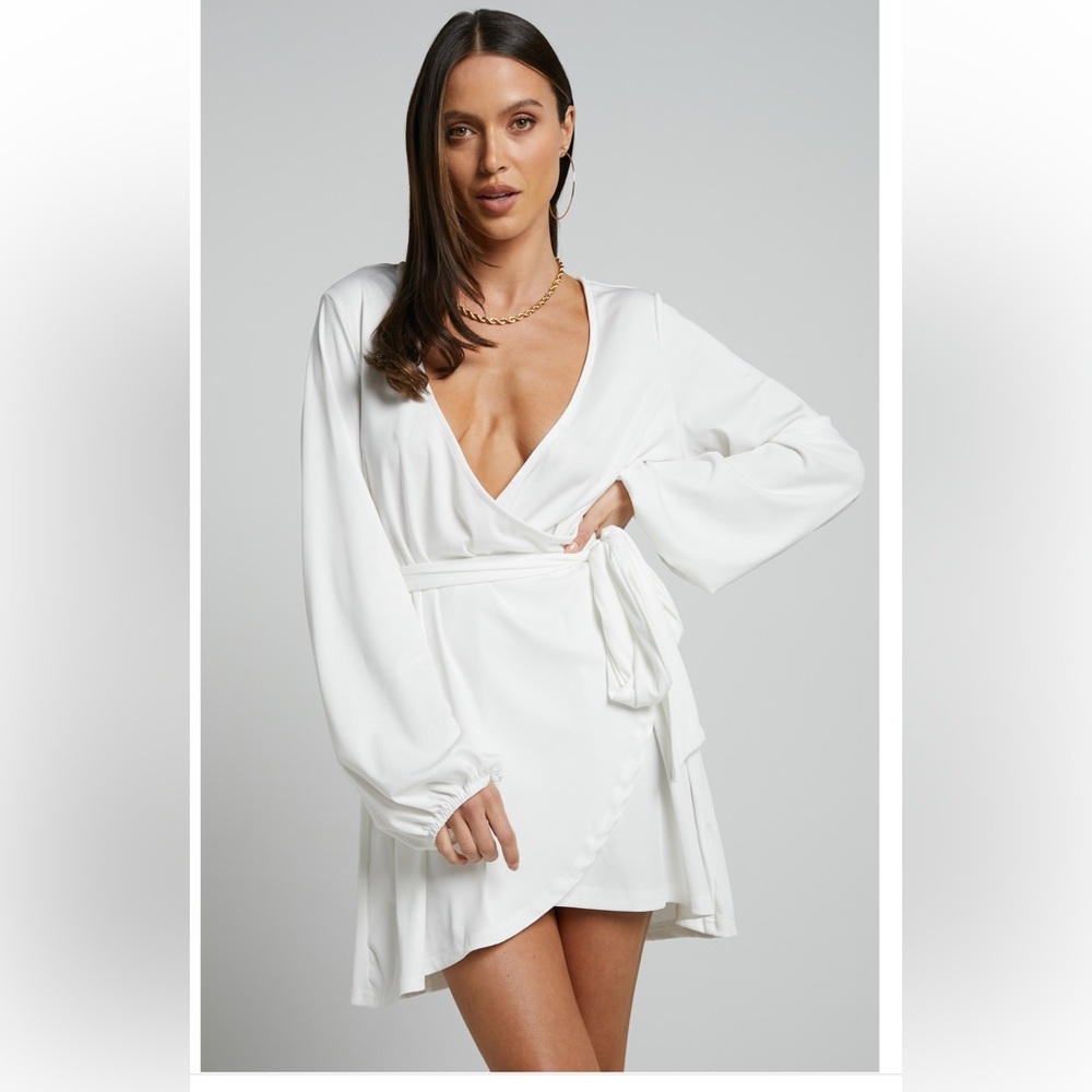 NWT Showpo Lexina Long Sleeve Wrap Centre Tie Mini Dress